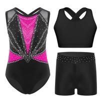 Merginų gimnastikos šokių komplektas, be rankovių, tinklinis, mozaikinis, blizgus triko, kryžiuojama nugara, liemenė, kalnų krištolo šortai 5-6 Years karšta rožinė spalva