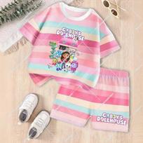 Gabby Lėlių Nameliai Vasariniai Drabužių Rinkiniai Vaikams Kūdikių Mergaitėms Apranga Vaikų Trumpomis Rankovėmis T-shirt + Tampri Juosmens Šortai 2vnt 120 pink