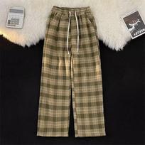 Wool Casual Pants Men's Japanese Loose Lazy Wind Wide Leg Pants Autumn and Winter Vintage Plaid Pants 3XL gray