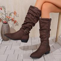 Moteriški itin platūs žieminiai batai iki kelių su platforma ir smailu priekiu, su šoniniu užtrauktuku, laisvu auliuku, ankle boots 42 ruda