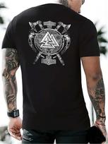 Casual Graphic T-shirt with Norse Mythology Hammer Design - Black & White Viking-Inspired Print 5XL įvairiaspalvis