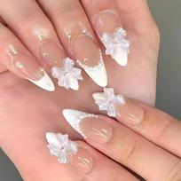 24Pcs Long Almond French Press On Nails With Pink Bow And Flower Design Oval Full Cover Fake Nail Tips