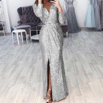 Blizganti krištolinė V formos iškirptės vakarinė suknelė - Elegantiška prabangi suknelė banketui ir pasirodymams 3XL balta