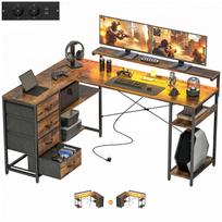 Žaidimų stalas L formos stalas su maitinimo jungtimi LED apšvietimu 4 stalčiai Monitoriaus laikiklis 155x110x91,4 cm Ruda 155 x 110 x 91.4 cm