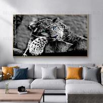 Leopardo paveikslai Žalios akys Juoda ir balta Gyvūno drobės tapybos plakatai ir atspaudai svetainei, namams, laukinės gamtos sienos menas 60cm×170cm NoFrame