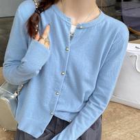 Autumn Fashion Solid O-neck Knitted Cardigan For Women Winter Long Sleeve Casual Cardigans Sweater Coats Ladies Slim Fit Vintage Kniwears Jacket 31063 One Size mėlyna