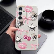 Cherry Bowknots Lips Disco Ball Pattern Case For Samsung Galaxy S26 Ultra S25 Edge S24 S23 S22 Plus S21 FE Leather Texture Silicone Cover Samsung S21 smėlis