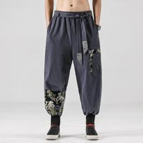 Vyriški medvilniniai lininiai samurajų kostiumai Ukiyo-e Print Diržas Retro Harem Kelnės Haori Baggy Kelnės Harajuku Hip Hop XXL pilka