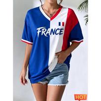Vasarinis moteriškas V formos iškirptės marškinėlis Prancūzijos futbolo marškinėlis Kvėpuojantis sportinis moteriškas T-shirt poliesterio kvėpuojantis T-shirt 3D 2026 marškinėlis S gray