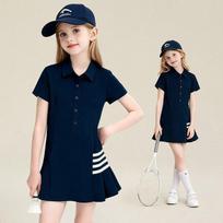 Merginų vasarinė plisuota su polo apykakle suknelė didesniems vaikams Preppy stiliaus 120 tamsiai mėlyna
