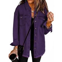 Washed Denim Shirt Jacket Women Autumn Winter Street Style Frayed Hem Jean Jacket Casual Outerwear Coat XL black