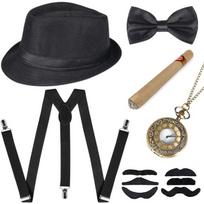 1920s Mens Accessories Gangster Beret Y-Back Suspender Beard Bow Tie Pocket Watch Cigar 1920s Mens Costume Accessories black