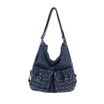 Large Capacity Casual Denim Shoulder Bag Women's Handbag Retro Commuter Versatile Handheld Multi-Functional Student Backpack mėlyna