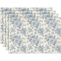 4pc Farmhouse Linen Placemats Classic Blue Chinoiserie Rose Flower Pattern Table Mats Washable Kitchen Dining Place Mats 4PCS white
