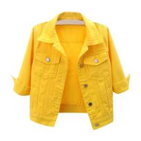 Cropped Denim Jacket For Women's 3/4 Sleeve Colored Light Ripped Short Jean Jackets Lapel Button Down Coats XXL geltona