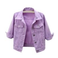 Cropped Denim Jacket For Women's 3/4 Sleeve Colored Light Ripped Short Jean Jackets Lapel Button Down Coats M violetinė