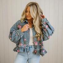 2026 Womens Relaxed Fit Denim Shirt Set With Floral Print Long Sleeve Casual Top In Classic Washed Blue 3XL džinsinio mėlyna spalva