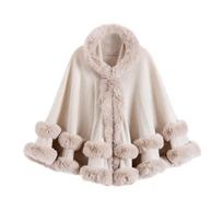 Elegantiška dirbtinio kailio apdaila Cape skara iš sintetinio pluošto šiltas pončas su gobtuvu, siūtas plius dydis moterims, žiemos mada One Size beige