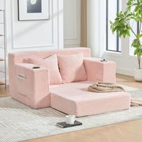 Moderni dvigulė sofa-lova, patogi sofa iš kašmyro, su dviem pagalvėmis ir puodelio laikikliu, taip pat su stilingu pufuku su šonine daiktadėže. rožinė
