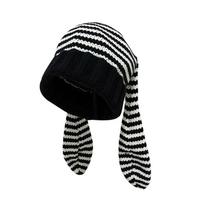 Harajuku Rabbit Ears Hat Y2K Stripe Skull Cap Soft Women Beanie Hat  Streetwear juoda/balta