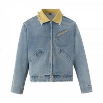 Mens Vintage Washed Denim Jacket With Corduroy Collar Contrast Stitching Raw Hem Loose Fit Outerwear XL mėlyna