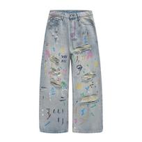 Mens Distressed Straight Leg Denim Jeans With Hand-Painted Graffiti Design Light Blue Vintage Wash XL gray
