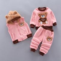 Baby Boys' 3-Piece Cartoon Bear Fleece Clothing Set - Jacket, Vest, and Pants for Autumn/Winter 90