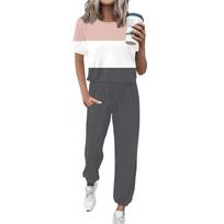 Women's Jogging Fashion Round Neck Short Sleeve Belt Loose Pants Tracksuit S