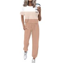 Women's Jogging Fashion Round Neck Short Sleeve Belt Loose Pants Tracksuit XL rožinė