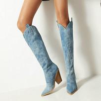 Fashion 2024 Denim Modern Boots Knee-high European Style Irregular Pointed Toed Super High Heel Women's Pumps Fashion Autumn Winter 39 mėlyna