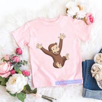Kawaii mergaičių marškinėliai Curious George Animacinis beždžionės paveikslėlis vaikiški drabužiai vasariniai marškinėliai mergaičių marškinėliai rožiniai trumpomis rankovėmis viršutiniai drabužiai 140 white
