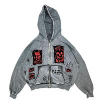 LUXEON American Printed Imitation Washing Imitation Denim Zipper Hoodie Sweatshirt Jacket Cardigan Same Style Loose Large Size L gray