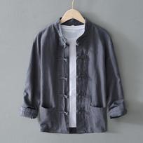Long-sleeved male's Chinese Style Shirt, Mandarin Collar with Traditional Chinese Buttons Kung Fu Shirt L pilka