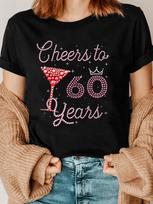 Cheers to 60 Years Rhinestone Cocktail Glass Crown Birthday T-shirt XXXL brown