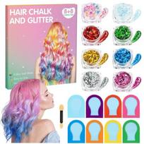 16-Color Hair Chalk & Glitter Set, 8 Temporary Colors of Hair Dye + Washable Hair, Face, Body (Women's) Halloween, Christmas, Cosplay, Makeup Gift pink