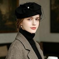 French Style Bow Fedora Hat Fedoras Woolen Beret Fashion Airline Stewardess Caps  Ball juoda