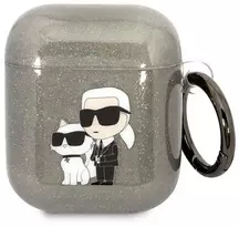 Karl Lagerfeld KLA2HNKCTGK Airpods 1/2 dėklas, juodas/juodas su blizgučiais, Karl&Choupette