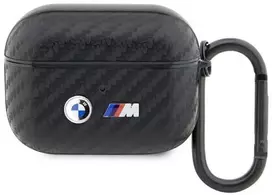 BMW BMAPWMPUCA2 AirPods Pro dėklas, juodas/juodas, anglies pluoštas su dvigubu metaliniu logotipu