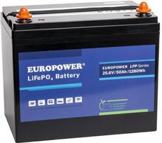 LiFePO4 akumuliatorius EUROPOWER LFP serijos 25,6V 50Ah Bluetooth, šildymo kilimėlis (Tarnavimo laikas ~4000 ciklų)