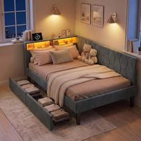 Sofa-lova 90x200, su LED apšvietimu ir įkrovimo stotele, minkšta viengulė lova su 2 stalčiais, pilka