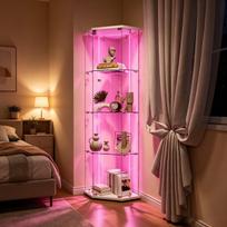 Vitrina su LED lemputėmis ir durelėmis, penkiakampė spintelė, 4 sluoksnių stiklo spintelė, balta.