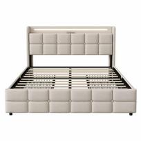 Minkšta lova 140x190 cm su LED, USB, 4 stalčiais, galvūgaliu ir grotelėmis, linas, smėlio pilka