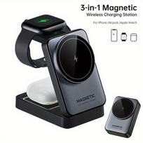 Magnetinis 3 viename įkrovimo kilimėlis, juodas, sulankstomas, skirtas „iPhone“ / laikrodžiui