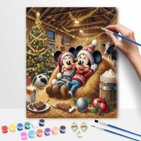 Disney Mickey Minnie Christmas Oil Painting Kit Home Bedroom Wall Decor Handmade Gift Holiday Festive Scene Farmhouse Decor Art Craft Set 20x30cm beige