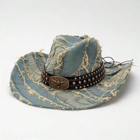 Distressed Denim Cowgirl Hat With Bull Head Belt Western Wide Brim Cap For Adults M gray