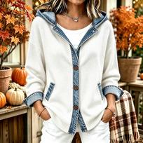 Women's Loose Fit Hooded Denim Cardigan Jacket with Trendy Patchwork for Casual Wear S gray