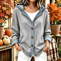 Women's Loose Fit Hooded Denim Cardigan Jacket with Trendy Patchwork for Casual Wear M