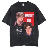 Resident Evil Leon S. Kennedy Realistic Portrait Vintage Washed Game T-Shirt, Unisex Survival Horror Game Fan Streetwear Tee, 100% Cotton Casual M juoda