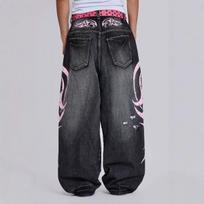 Denim Pant Women Jeans Wide Leg Long Pants Hole High Waist Straight Trousers Y2k Streetwear Print Mom Jeans Casual Loose 2026 L gray