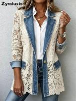 Fall Winter Denim Jacket Women's Patchwork Floral Lace Blazer Suit Coat M